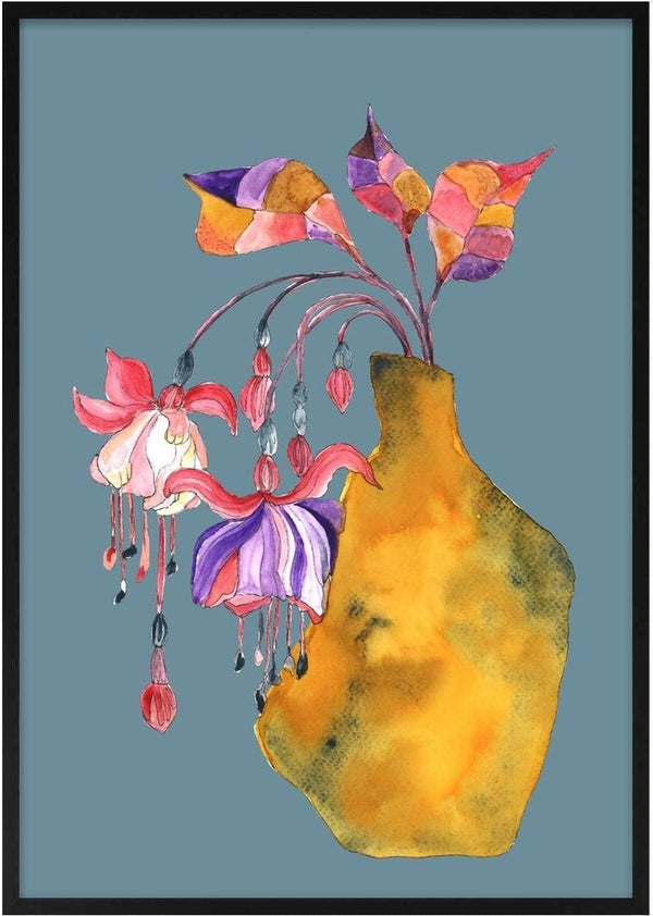 Princess earring by Marjorie Salvagni - pink and purple fuchsia flowers in a mustard-yellow vase