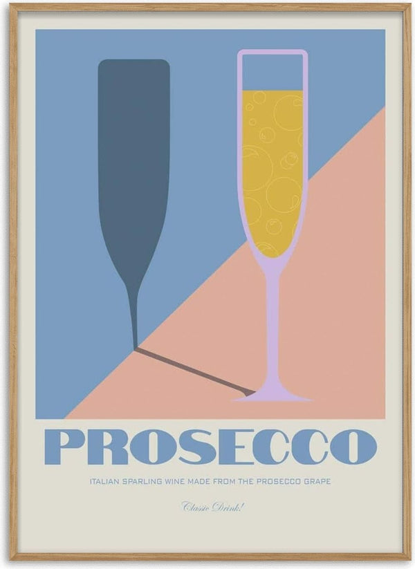 Minimalist Prosecco poster with a filled champagne glass and its shadow, featuring the word "Prosecco" in bold.