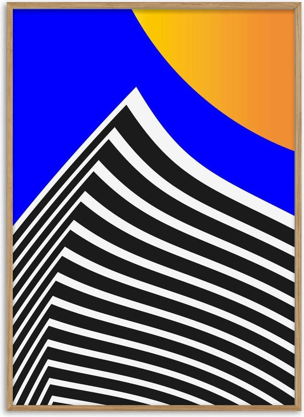 Pyramid by Aleksi Allan - a striped black and white mountain under a blue sky with an orange sun