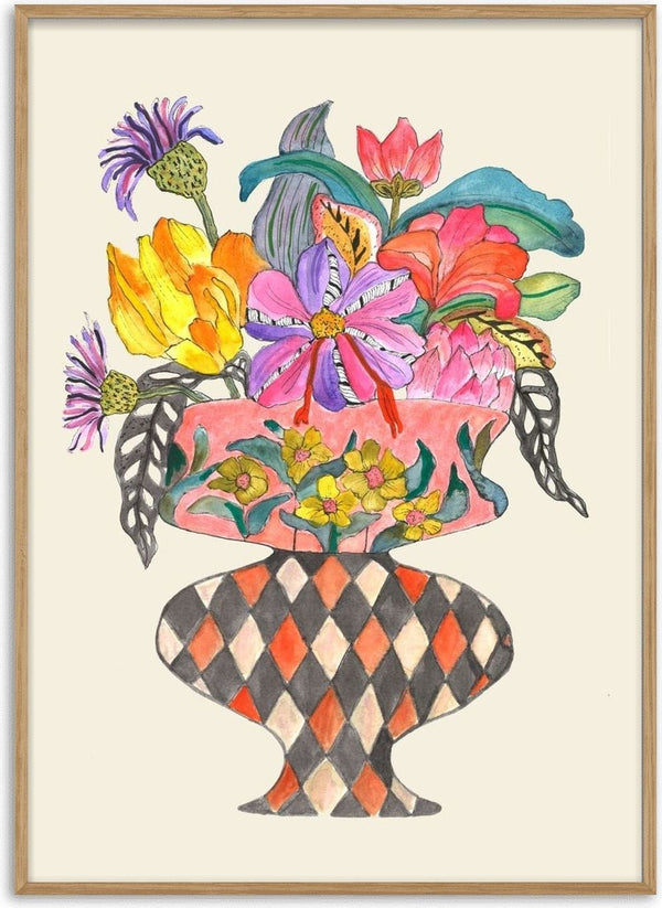 Queen by Marjorie Salvagni - flowers in a coral pink urn on a harlequin base