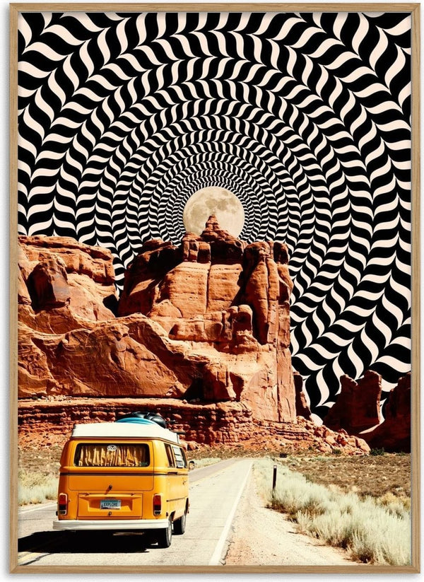 Real Road Trip by Taudalpoi, a yellow camper van on a desert road under an op-art spiral sky