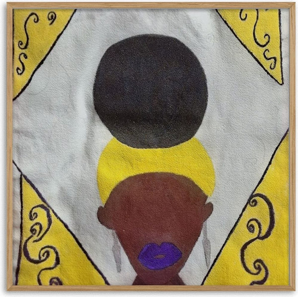 Regal by Naïve Art by YLR - a dark afro portrait with violet lips and a yellow halo on cream cloth