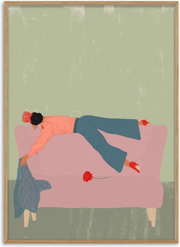 Illustration of a woman in colorful clothes lying face down on a pink couch, rose and blanket nearby, RocAso - Jotadejai.