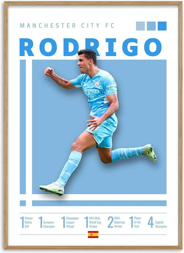 Rodri in Manchester City kit mid-action, with his name and career achievements listed below.