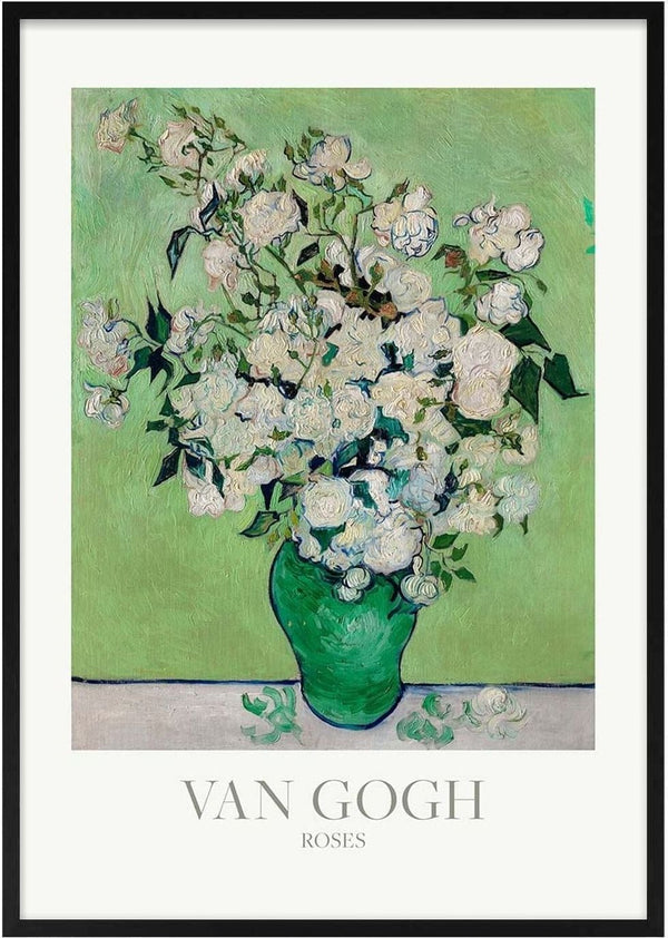 Van Gogh painting of white roses in a green vase against a light green background.