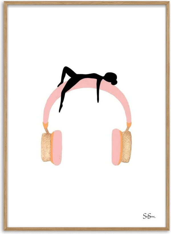 Minimalist art of a figure reclining on large pink headphones, from Sara Sonne's "Being" collection.