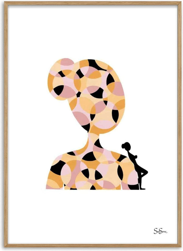 Abstract art print of a woman with colorful geometric patterns and a small black silhouette on her shoulder.