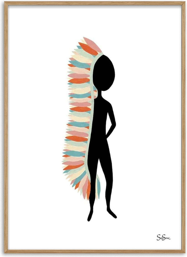 Minimalist figure with colorful feathered headdress from Sara Sonne's Wisdom collection on a white background.