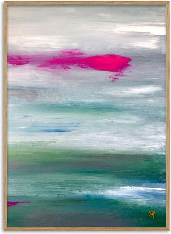 Scarlet sunset 2 by Marina Agre - abstract bands of grey, teal and green with a streak of magenta