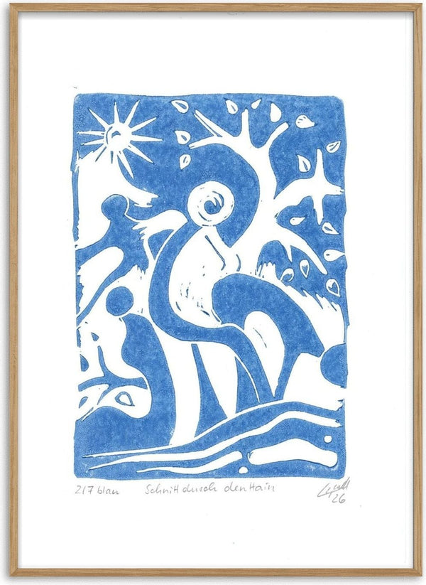 Schnitt durch den Hain · Cut Through the Grove by ELIZA Leopold - blue linocut of a sun, a tree and wavy lines