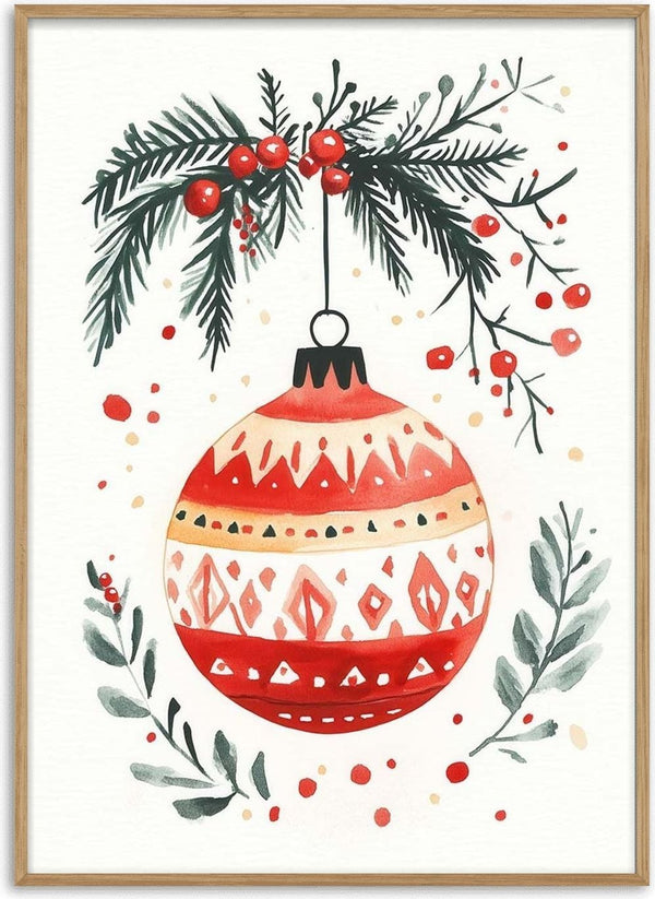 Red and gold Christmas ornament hanging from pine branches with festive berries, perfect for Season's Greetings.