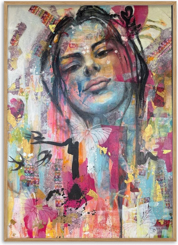 Sehnsucht by Anke Fillies - a woman's face over collaged papers with black birds and butterflies
