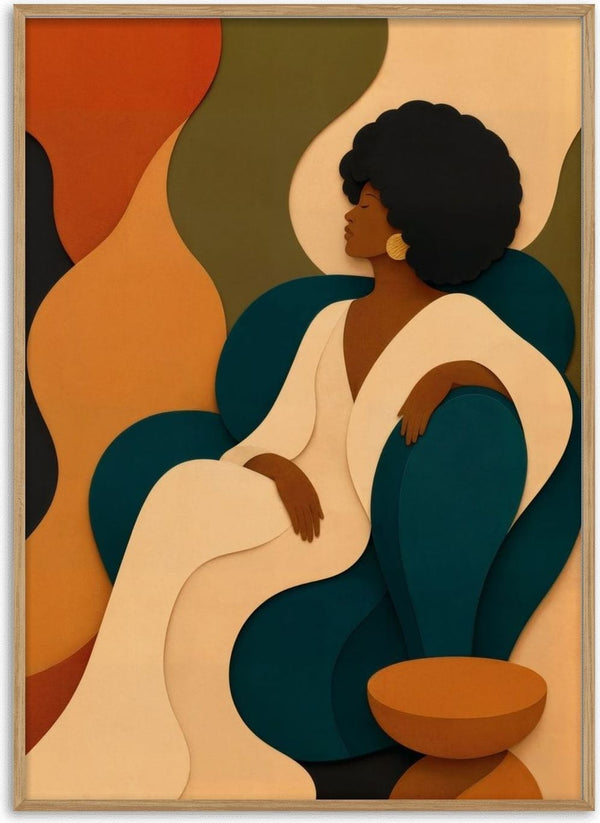 Seventies Lounge by ArtySjak - a woman in a cream robe reclining in teal cut-paper shapes