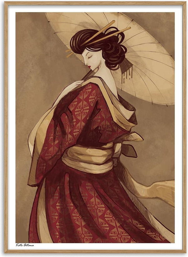 Illustration of a geisha in a red kimono with a parasol, featured on the Shanghai Geisha - Kate Aitana product page.