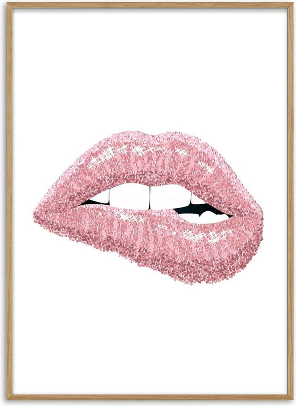Poster of lips wearing sparkling pink shiny lipstick on a white background.
