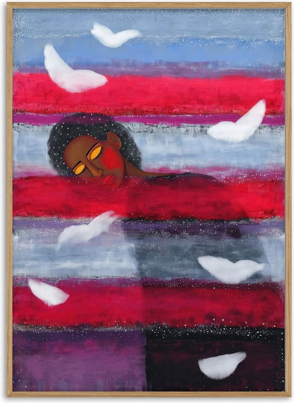 Painting of a serene figure with closed eyes among white birds and red, purple, and blue horizontal bands.
