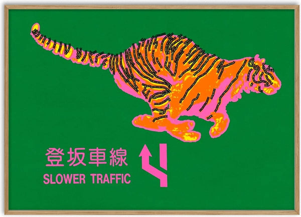 Slower Traffic by Francisco Gualter - orange tiger on green landscape poster