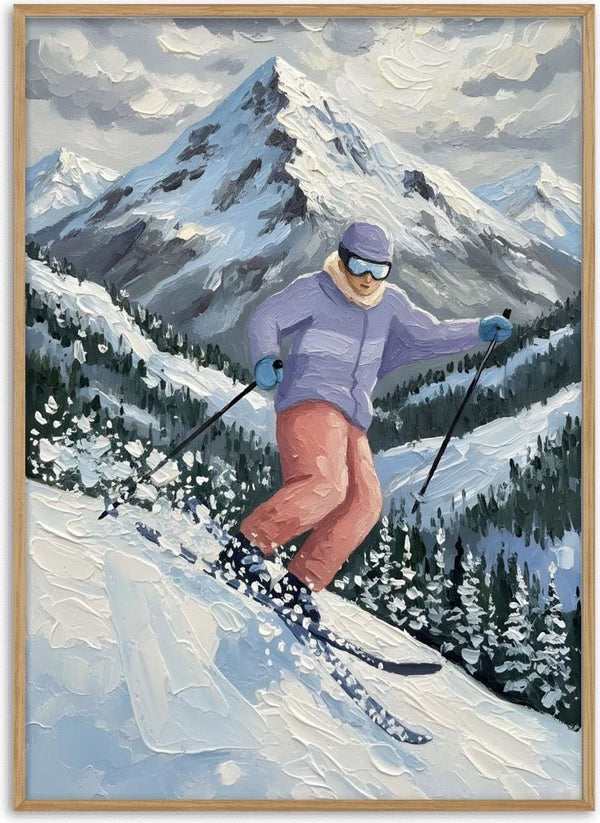 Person skiing downhill on snowy mountain with pine trees and peaks in the background, perfect for snow adventures.
