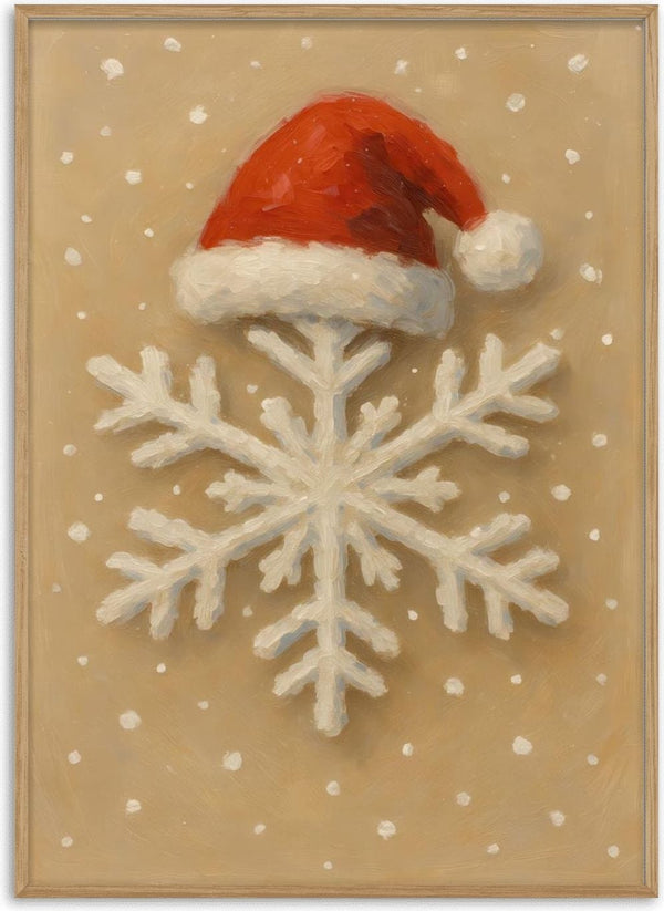 White snowflake wearing a red Santa hat, surrounded by falling snow on a beige background.