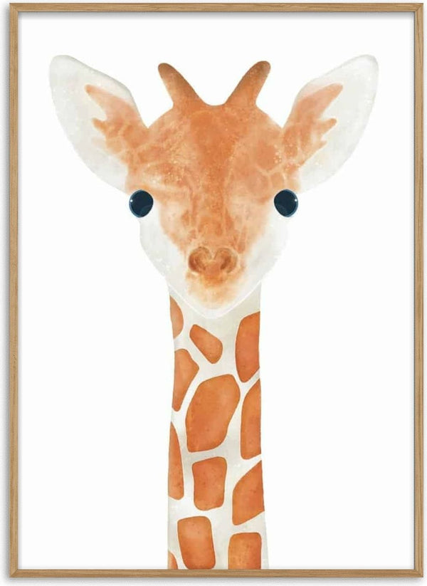 Cute illustrated giraffe with big blue eyes on a white background, perfect for a children’s room poster.