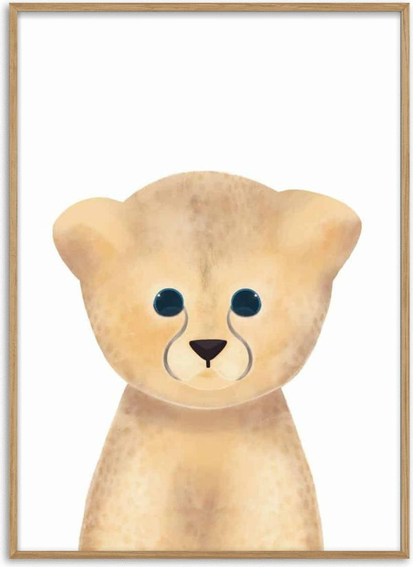Cute illustrated leopard cub with big blue eyes on a white background, perfect for children's room decor.