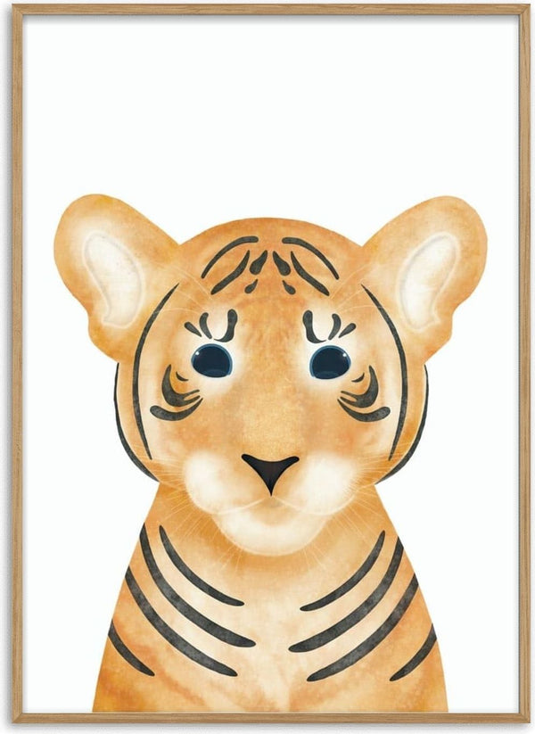 Cute illustrated tiger with big eyes and soft colors, designed for a children's poster.