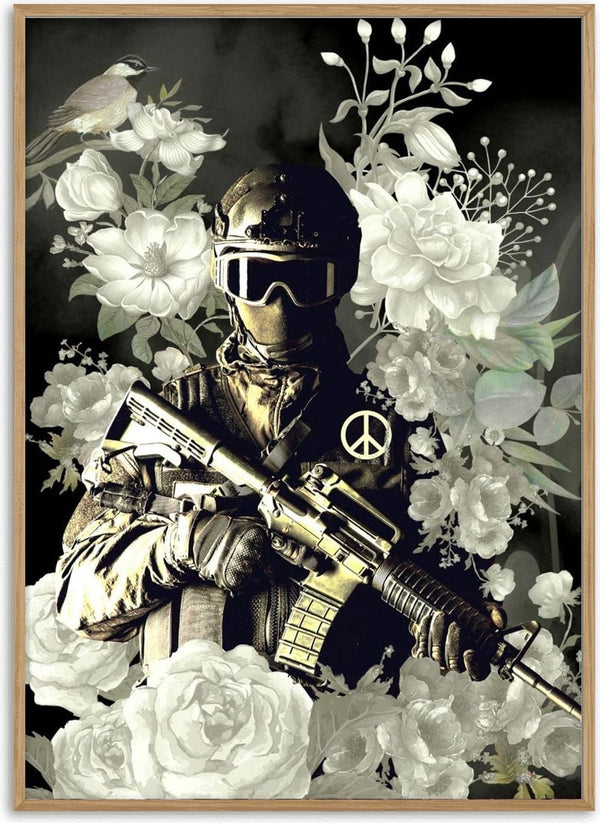 A soldier with a peace symbol patch holds a rifle, surrounded by white flowers on the Soldier of Peace poster.