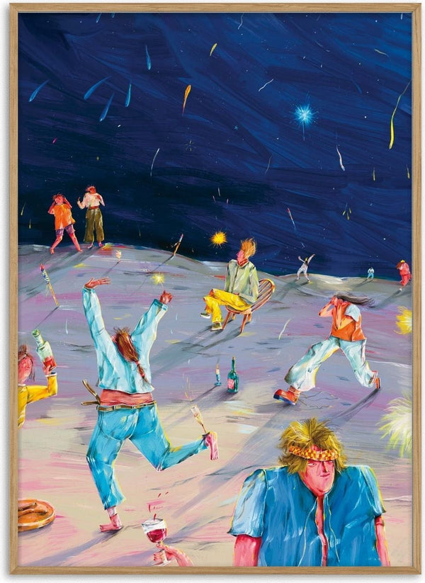 Starry Desert Party by Natascha Baumgärtner – revellers dancing under shooting stars on a lilac desert plain