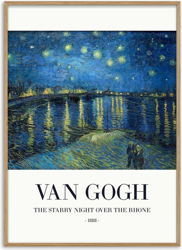 Van Gogh's The Starry Night Over the Rhone, featuring a star-filled sky and reflections on water.