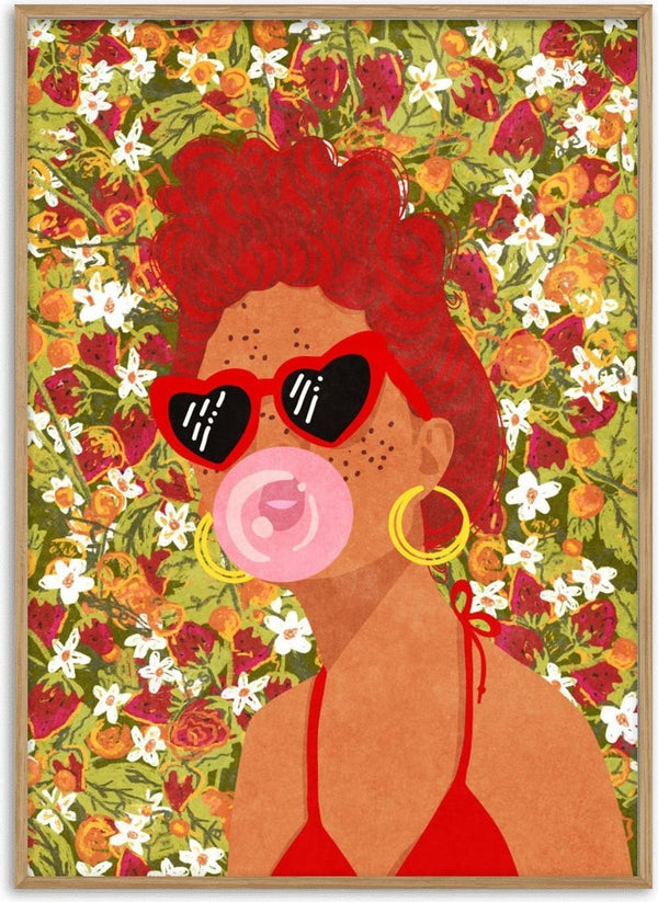 Illustration of a woman in red sunglasses blowing bubble gum, with flowers in the background; by Raissa Oltmanns.
