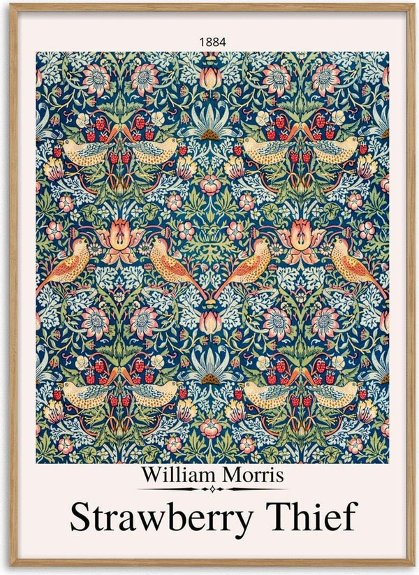 Ornate floral and bird pattern in rich colors, Strawberry Thief art poster by William Morris displayed on a product page.