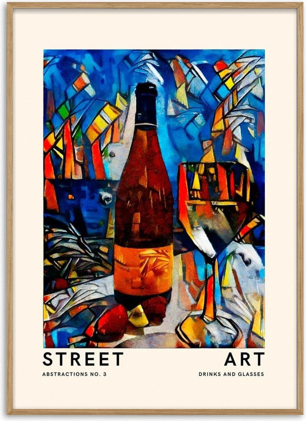Abstract street art poster with a wine bottle and glass, inspired by French style, colorful geometric shapes.