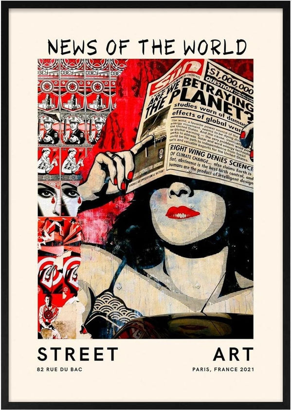 Poster for "Street Art - News of the World no.2" featuring a stylized woman with collage newspaper elements.