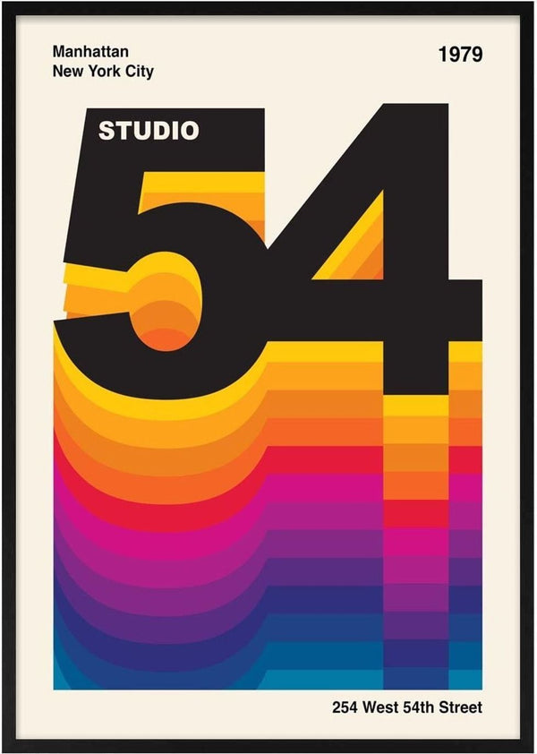 Studio 54 Retro poster with bold "54" and vibrant rainbow gradient, Manhattan, New York City, 1979.