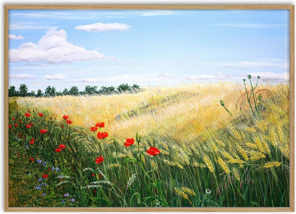 Summer by Juergen Duerrmann - red poppies along a ripening wheat field under a blue sky