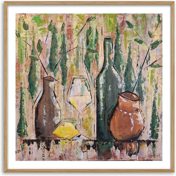 Summer mood by Dina - a still life of a jug, bottle, glass and lemon before a row of green cypresses