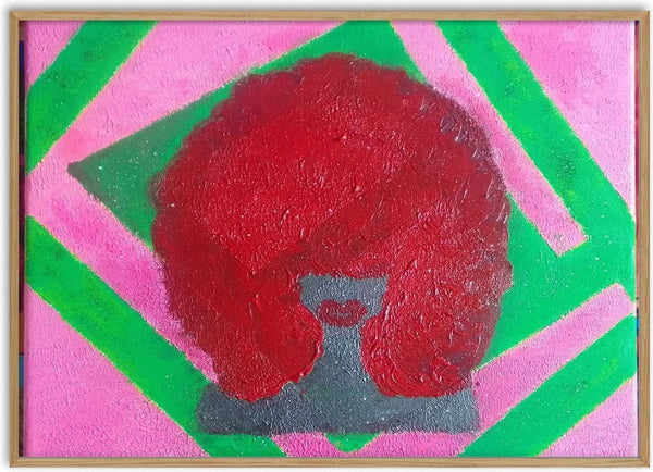 Sumptous by Naïve Art by YLR - a slate grey face under a deep red impasto afro on hot pink and green