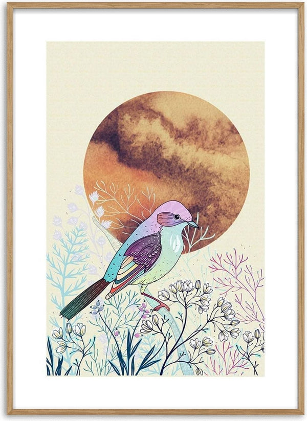 Colorful bird perched among pastel flowers with a golden sun in the background, featured on Sunrise poster.