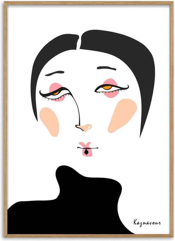 Surrealistic illustration of a female face with abstract features, black hair, and blush on cheeks by Kaznavour.