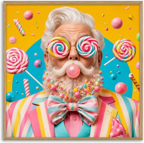 Sweet Authority by Devour Art - an older man with lollipop glasses and a beard full of gumballs