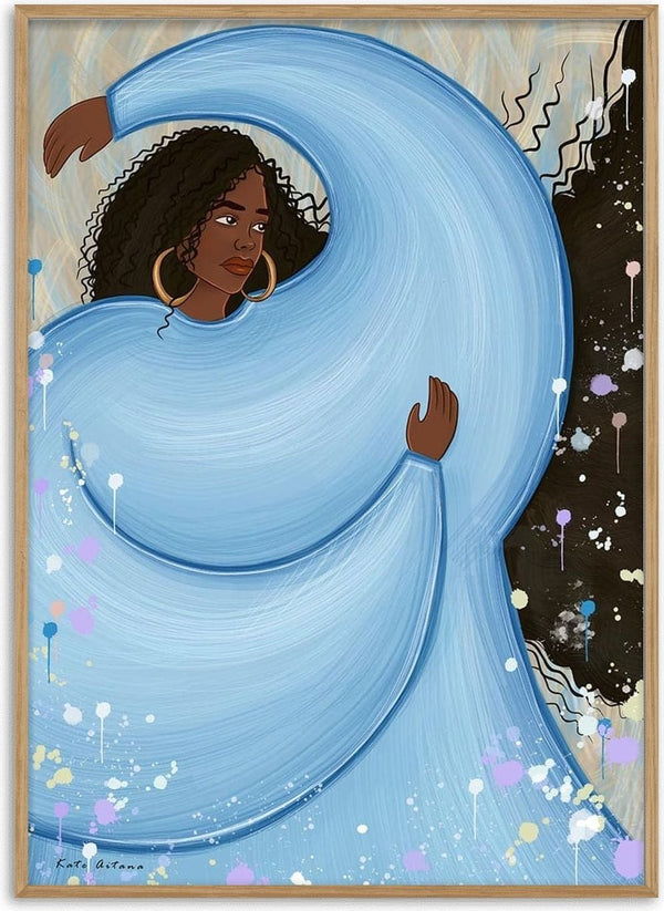 Illustration of a woman with curly hair and hoop earrings, wearing a flowing blue dress, by Kate Aitana.