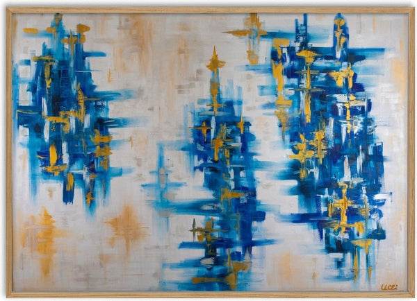 Tanz der Meere by ullimcart - three clusters of blue and gold strokes on a pale sand ground