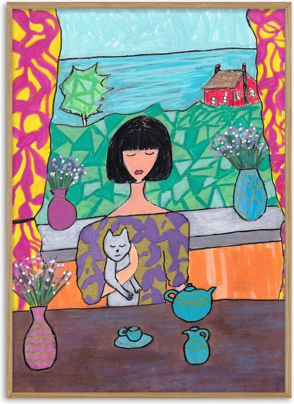 Tea by the Sea by Camilla Nilsson - a dark-haired woman holding a white cat at a tea table by a blue sea