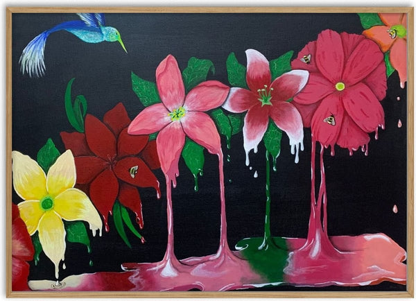 Tears of a flower by KG Studio - pink and green paint running down from lilies and poinsettias on flat black