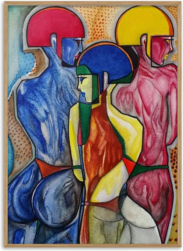 The 3 Graces by inksideme - three stylised figures in geometric planes of blue, pink and yellow green