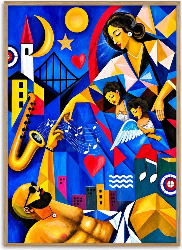 The Divine Touch by Andreas Gerlach - a gold saxophone and singing figures across a blue cubist city