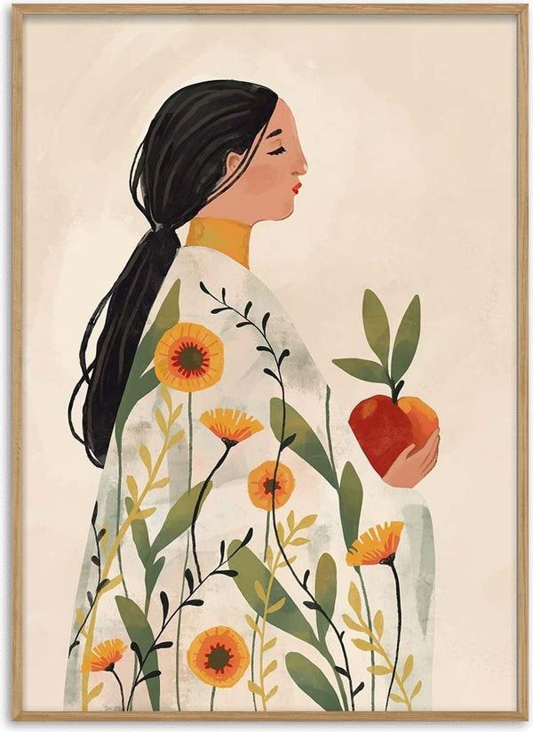 Illustration of a woman in a floral robe holding an apple, featured on The Enchanted Bloom - Elara Monet product page.