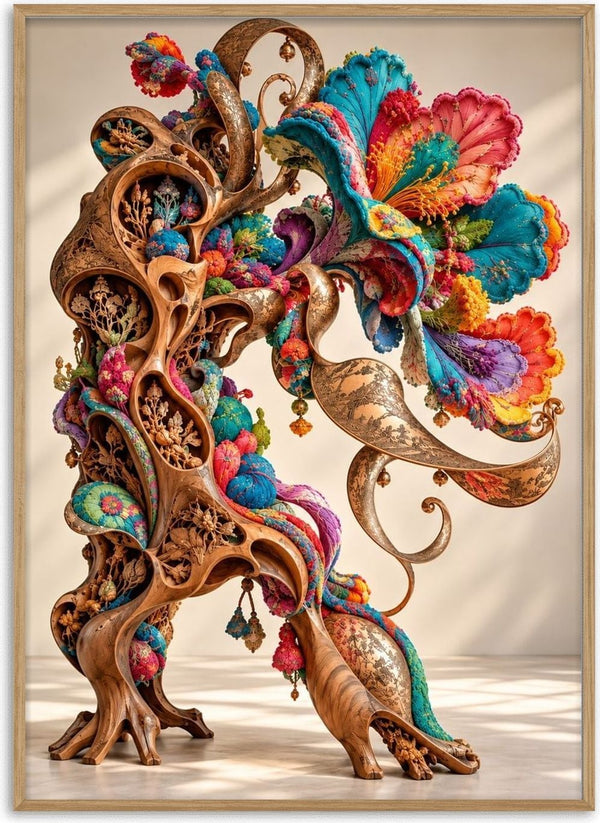The Garden That Remembered by Haris Delic - a carved wooden sculpture bursting into embroidered flowers