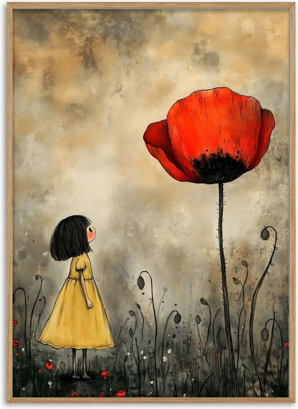 The Girl and the Poppy by Annika Persson - a girl in a yellow dress looking up at a tall red poppy