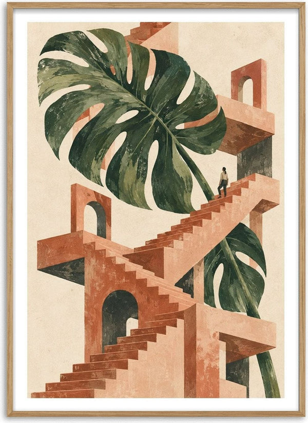 The Green Staircase by Matthews Gallerie - a giant monstera leaf over terracotta stairs and arches